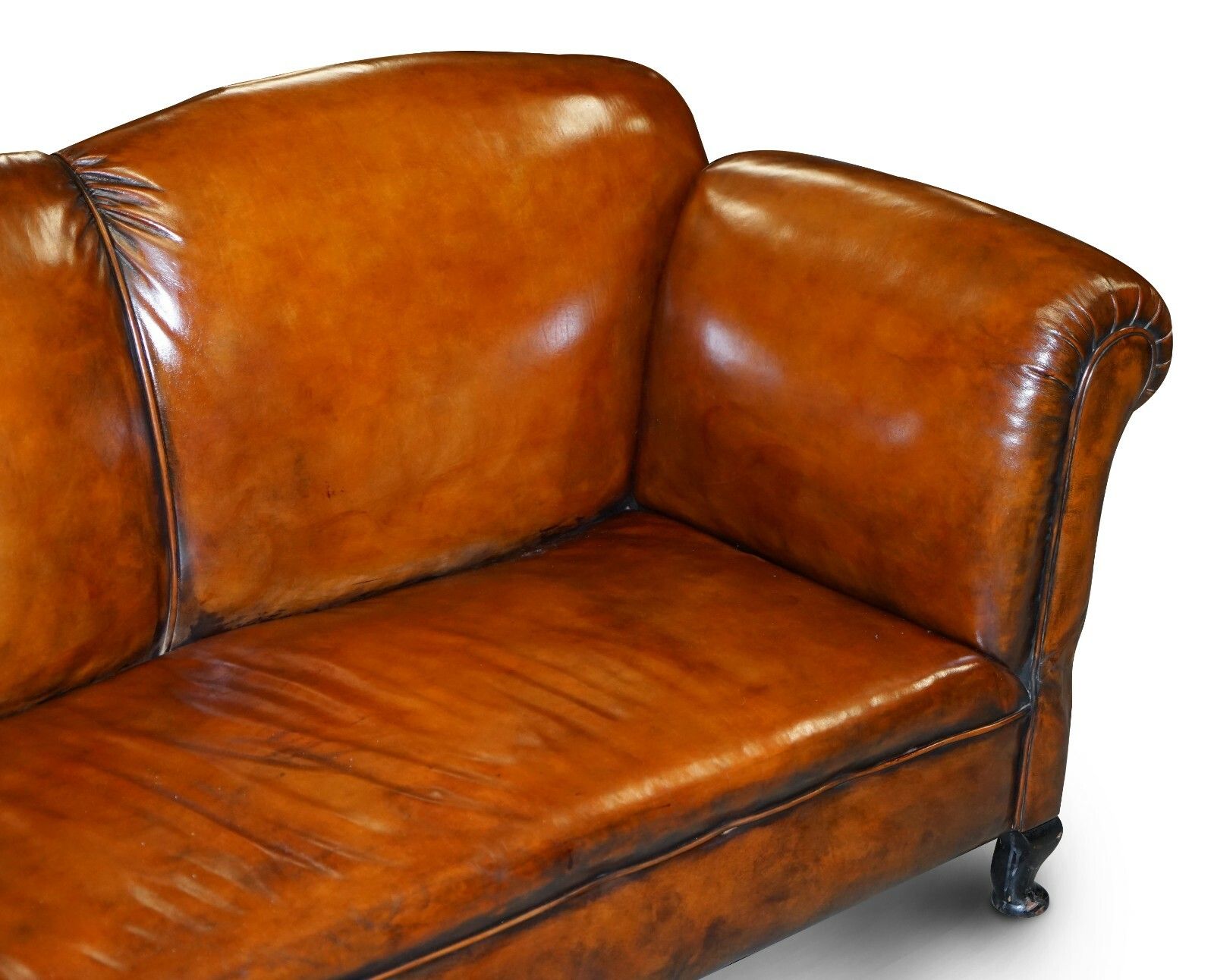 Fully Restored Whisky Brown Leather Drop Arm Chaise Lounge Sofa Horse Hair Fill photo Furniture