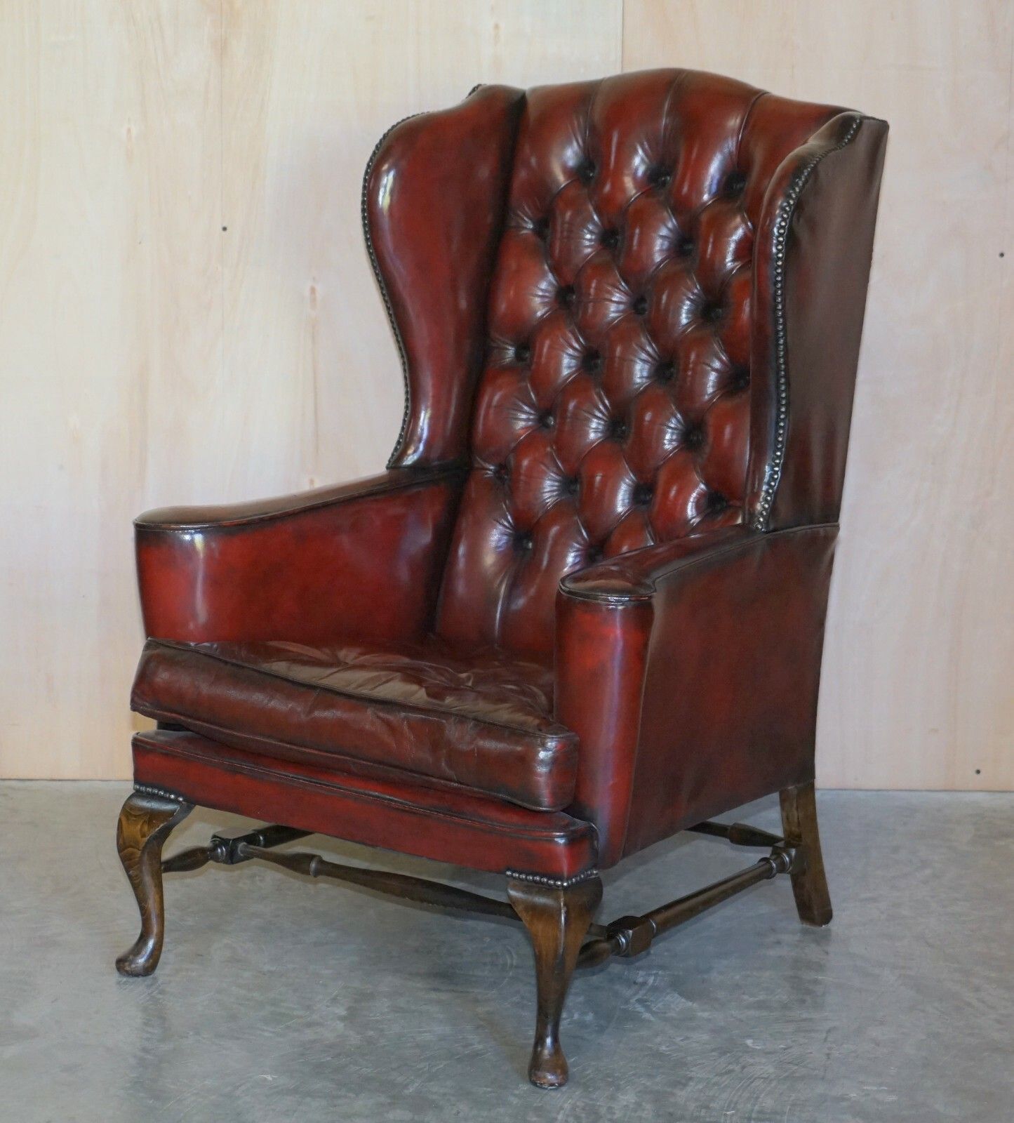 Pair Of William Morris Flat Arm Chesterfield Wingback Bordeaux Leather Armchairs photo furniture