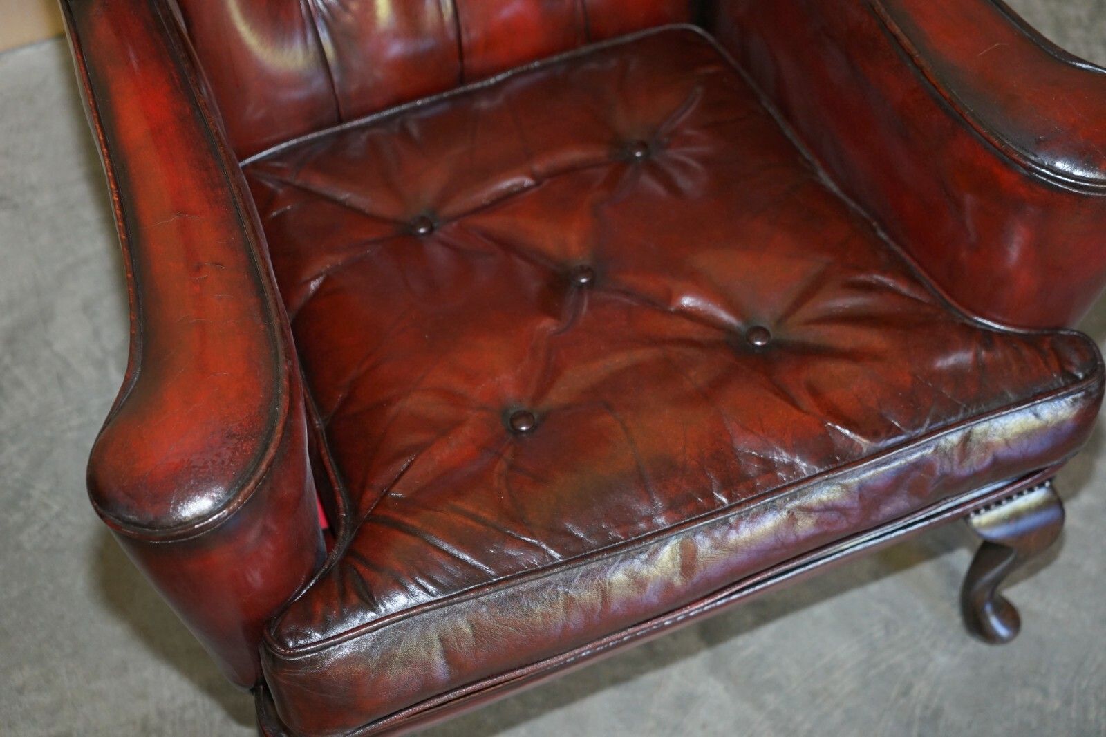 Pair Of William Morris Flat Arm Chesterfield Wingback Bordeaux Leather Armchairs photo vinterior