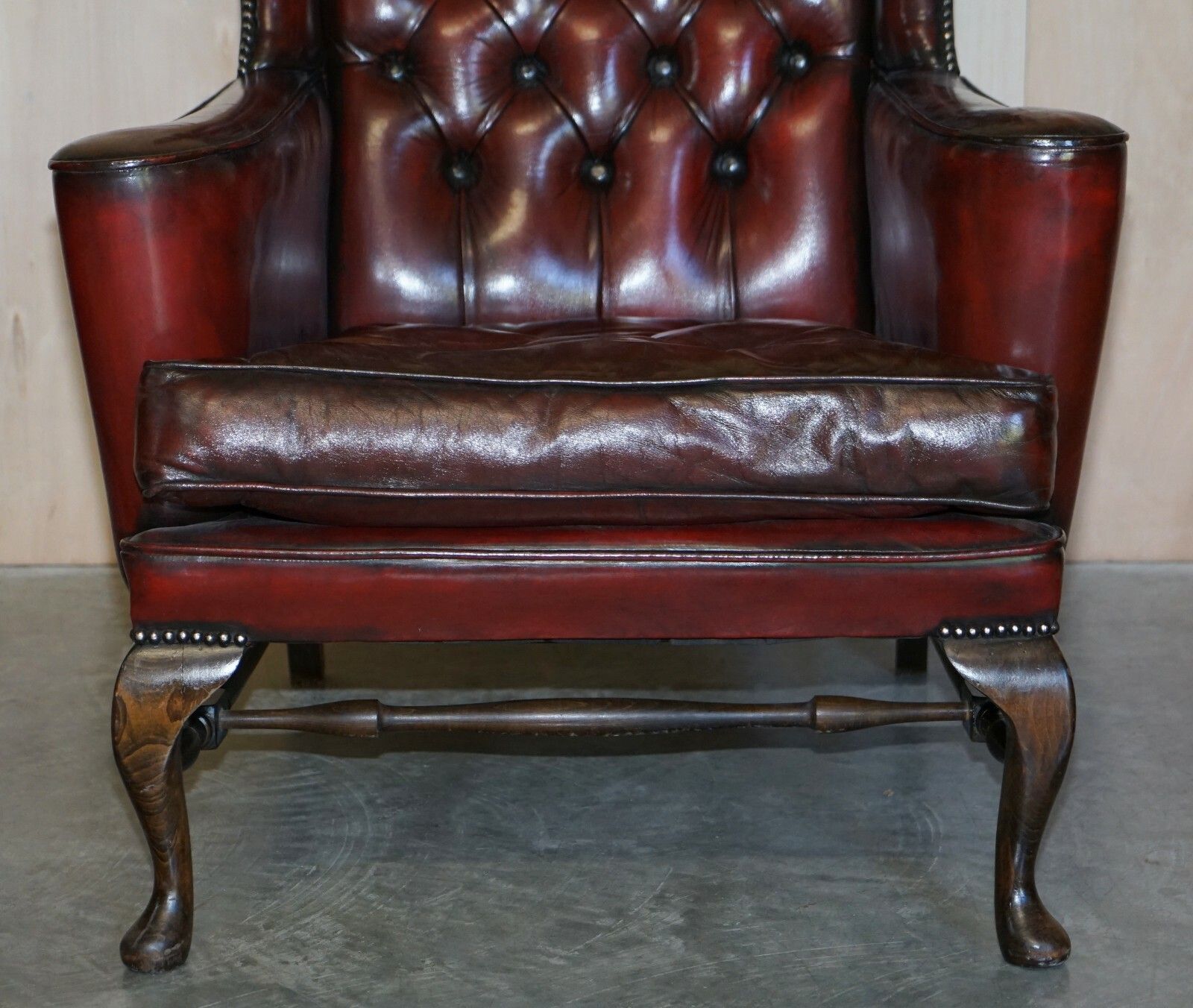 Pair Of William Morris Flat Arm Chesterfield Wingback Bordeaux Leather Armchairs photo buy