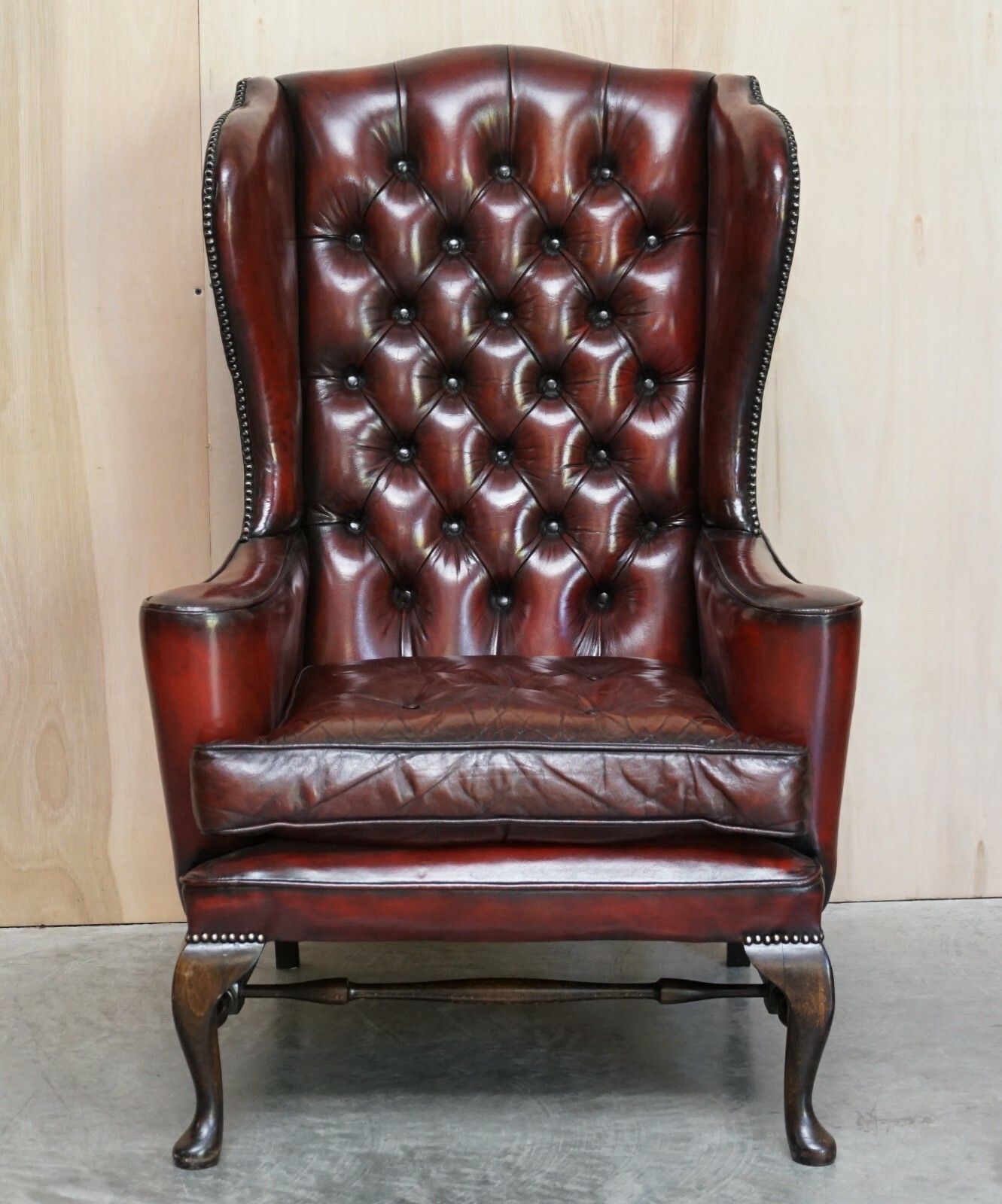 6000.0 Pair Of William Morris Flat Arm Chesterfield Wingback Bordeaux Leather Armchairs photo