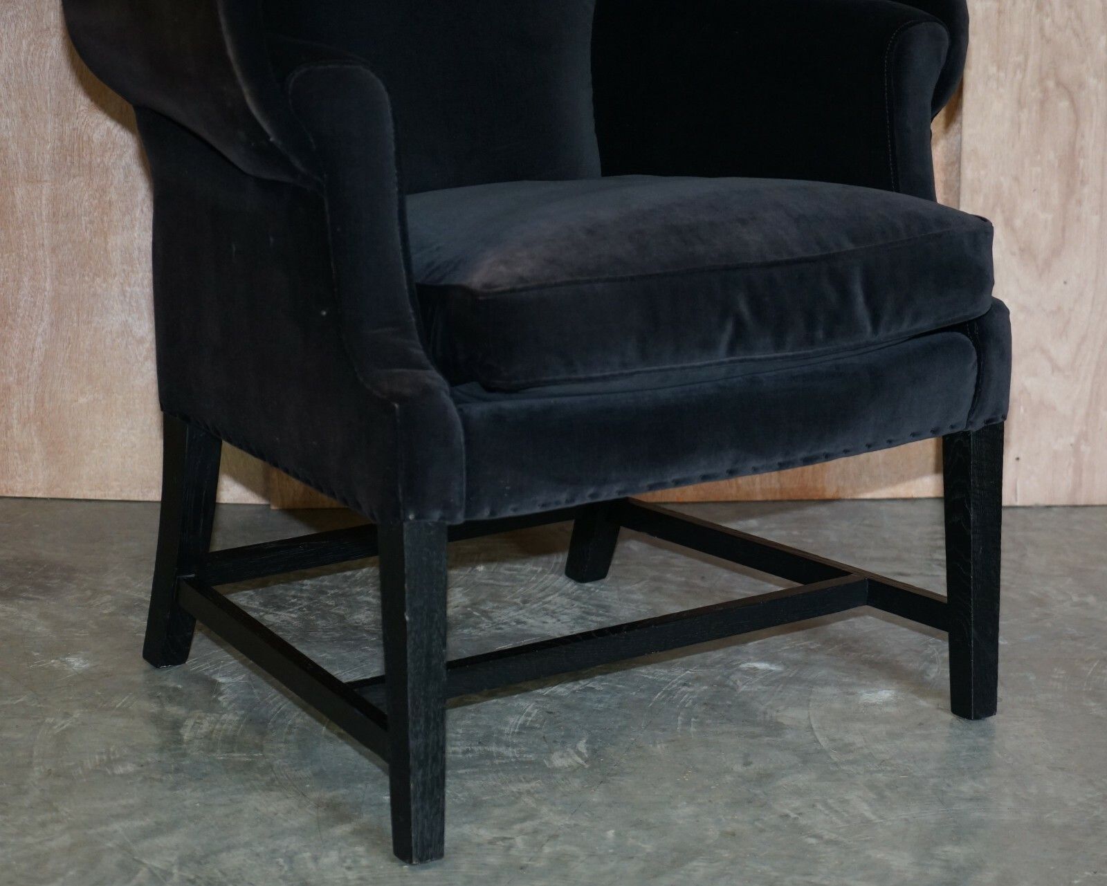 Pair Of Vintage Black Velvet Upholstered George Hepplewhite Wingback Armchairs photo buy
