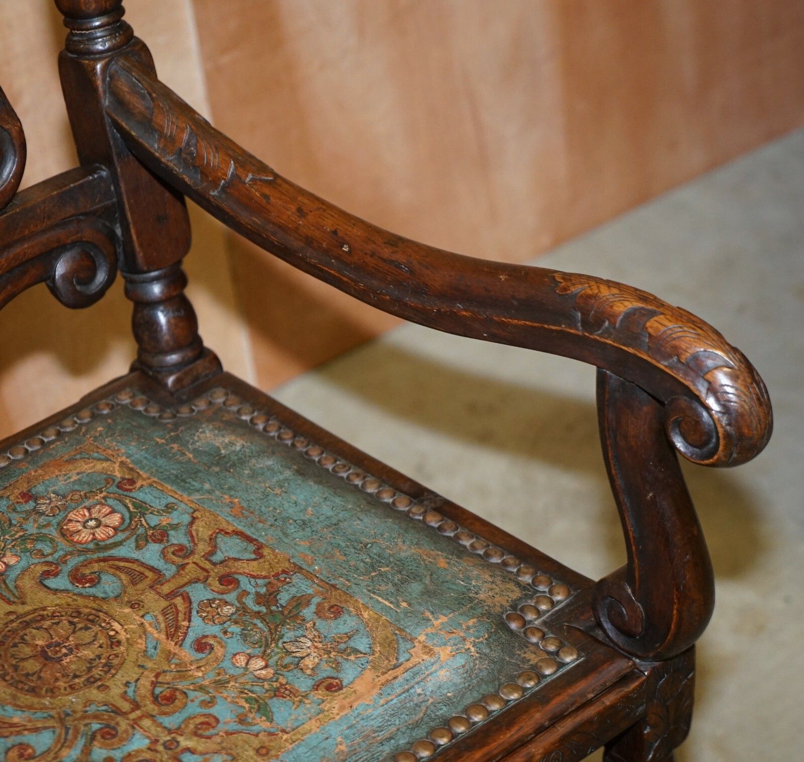 6000.0 Eight Carved Jacobean Throne Dining Chairs Hand Painted & Embossed Leather Seats photo