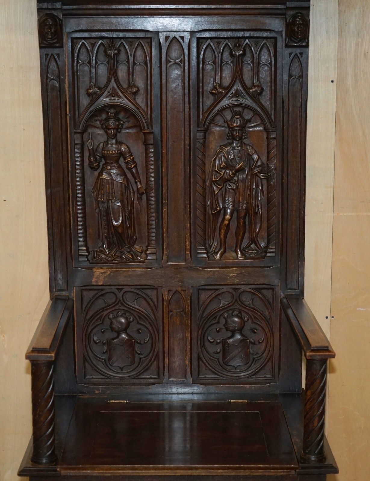 Fine Antique Circa 1860 Jacobean Gothic Revival Hand Carved Porters Hall Chair photo buy