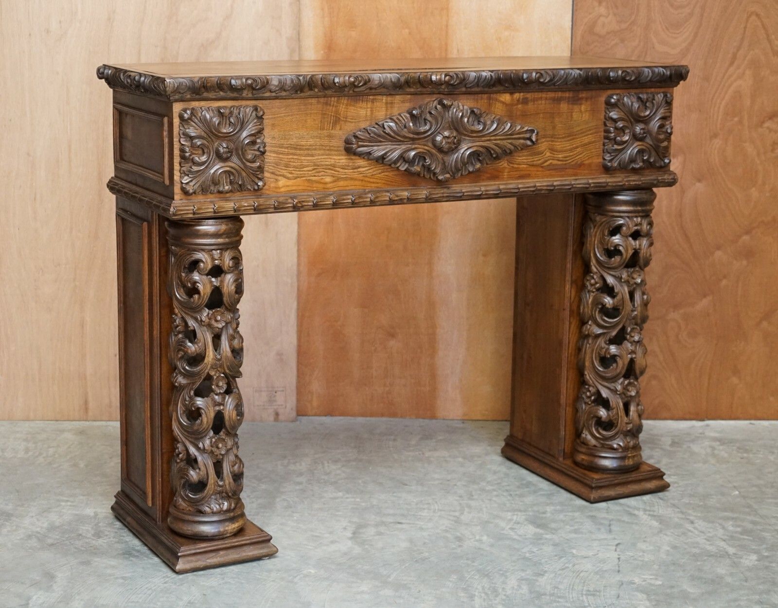 Antique Circa 1880 Hand Carved Solid Elm Fireplace Mantlepiece Fretwork Columns photo for sale
