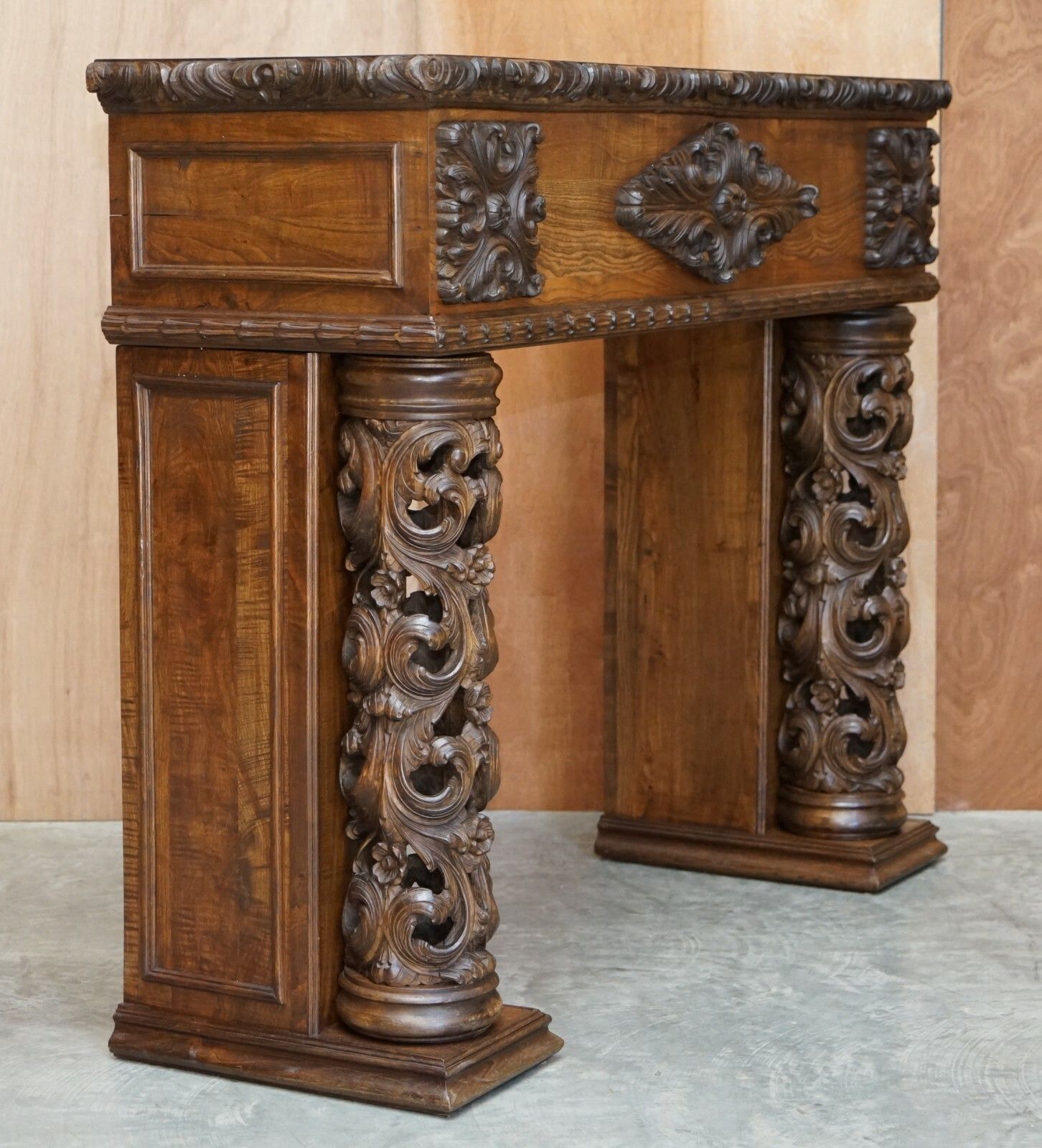 photo for sale Antique Circa 1880 Hand Carved Solid Elm Fireplace Mantlepiece Fretwork Columns