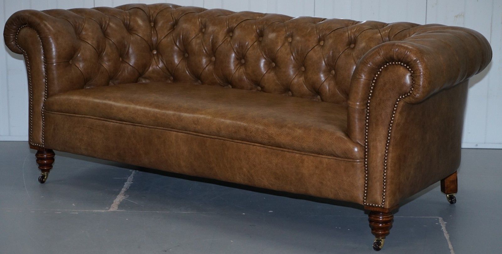 Restored Victorian Walnut Framed Chesterfield Club Sofa Heritage Brown Leather photo furniture