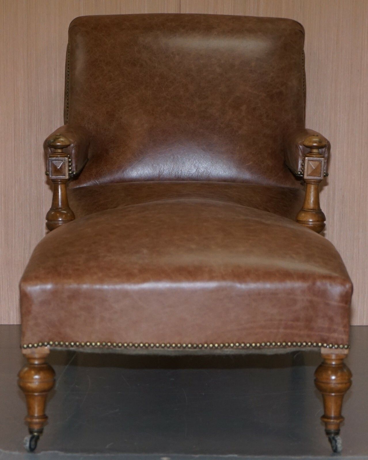 Fully Restored Recliner Chaise Lounge Cir 1860 Victorian Brown Leather Armchair photo for sale