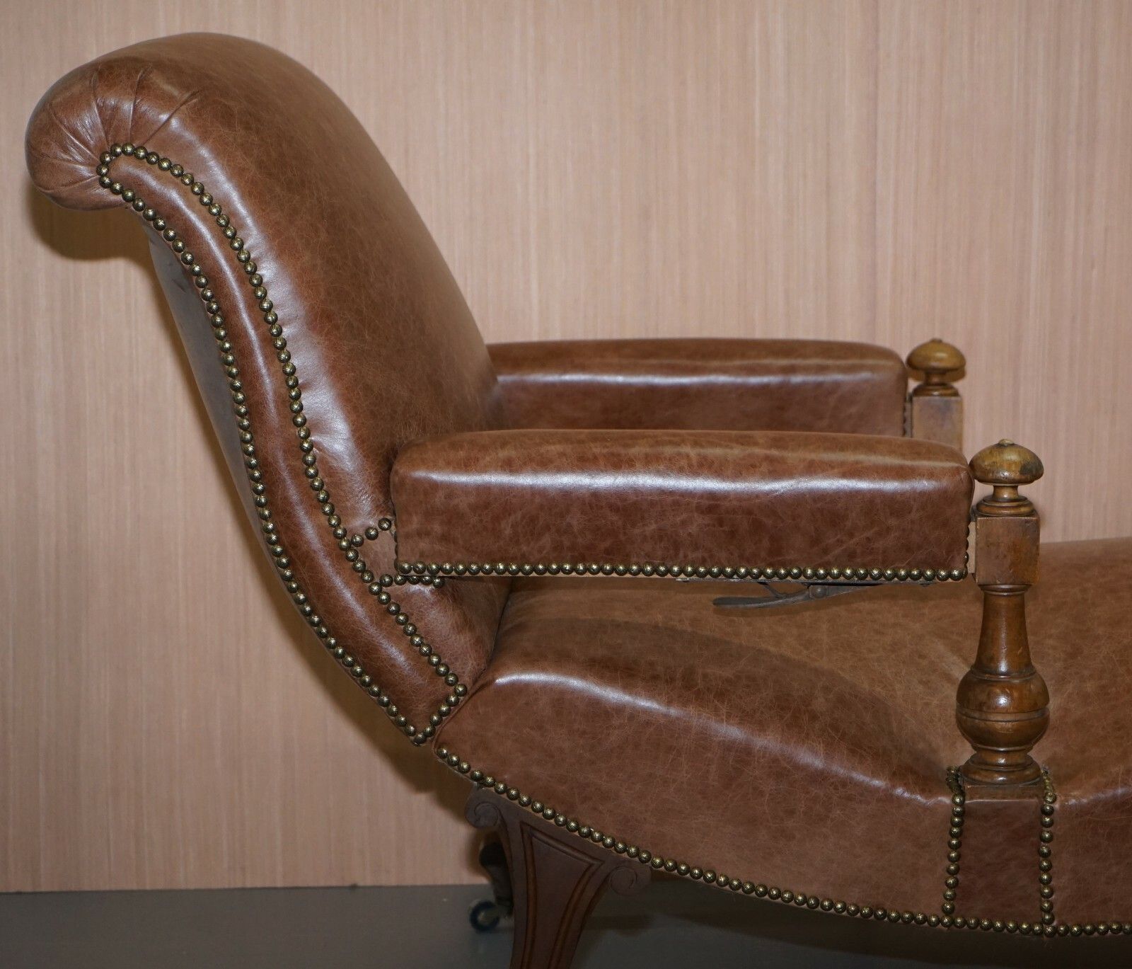 Furniture Fully Restored Recliner Chaise Lounge Cir 1860 Victorian Brown Leather Armchair photo