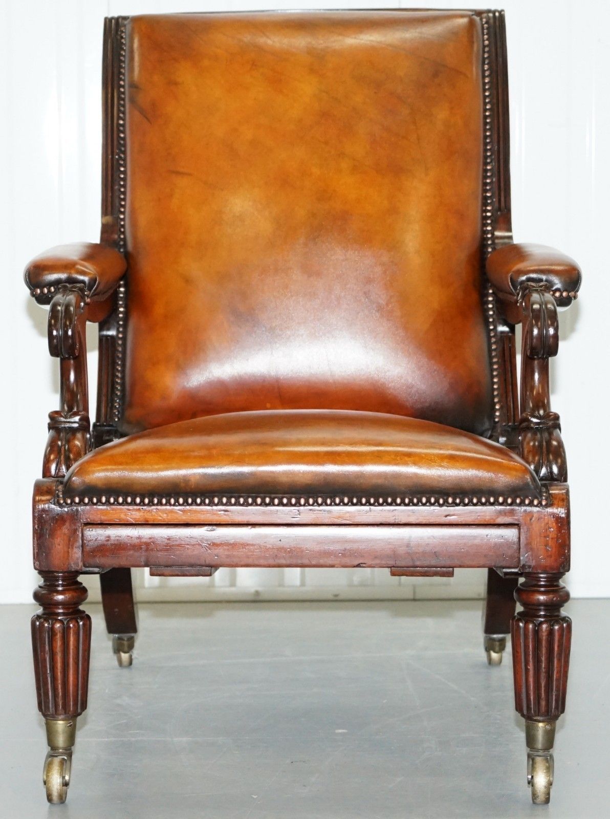 Restored William IV Reclining Library Reading Brown Leather Armchair Footstool photo for sale