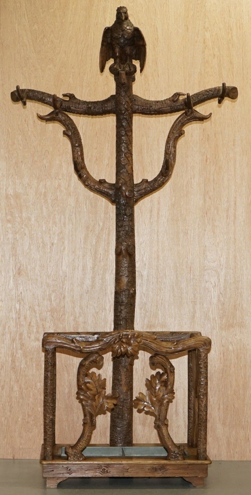 Rare 1880 American Eagle Black Forest Wood Carved Coat Hat & Umbrella Rack Stand photo for sale