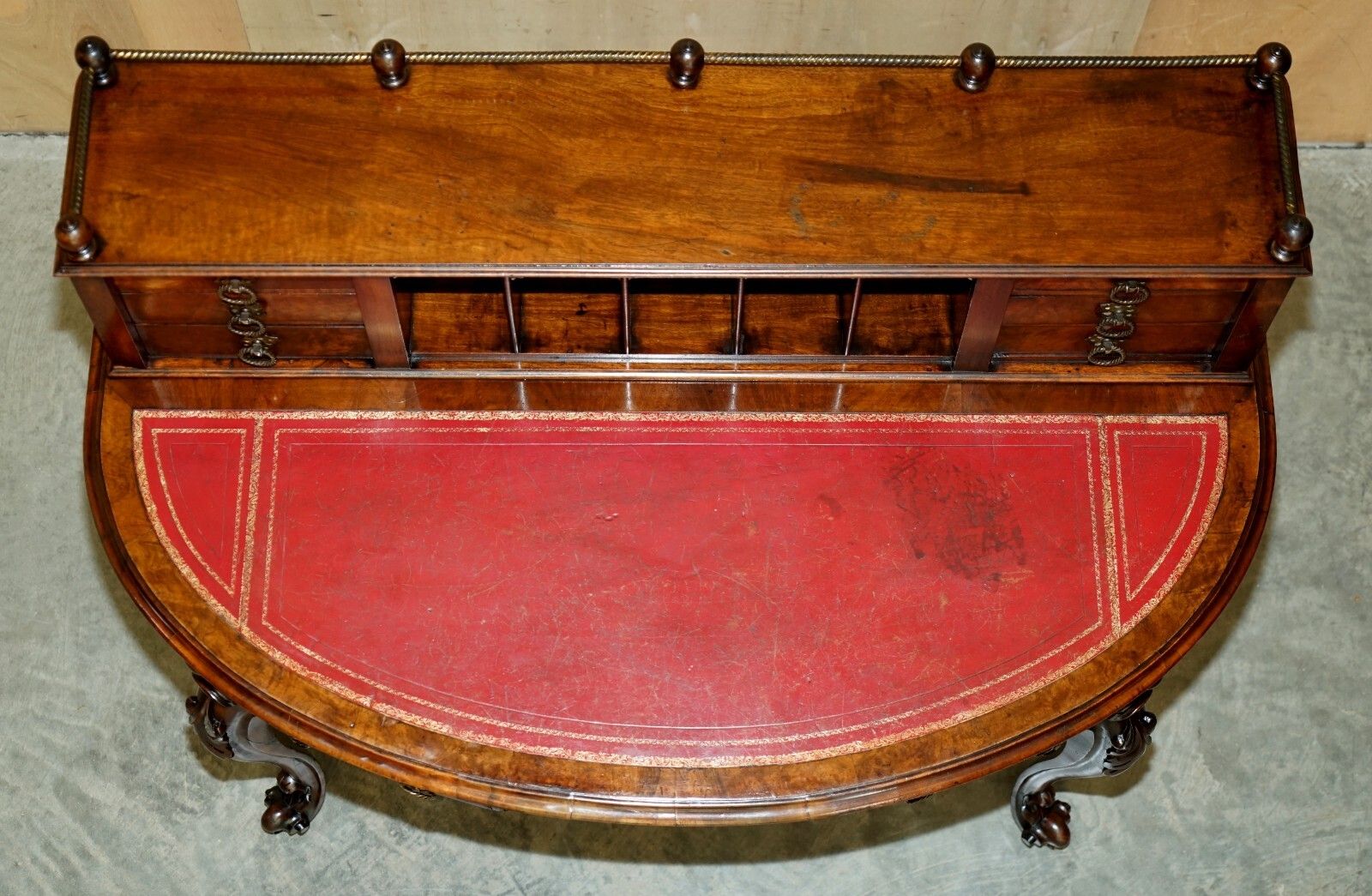 photo buy Antique Circa 1850 Patrick Beakey Dublin Oxblood Leather Demi Lune Gallery Desk