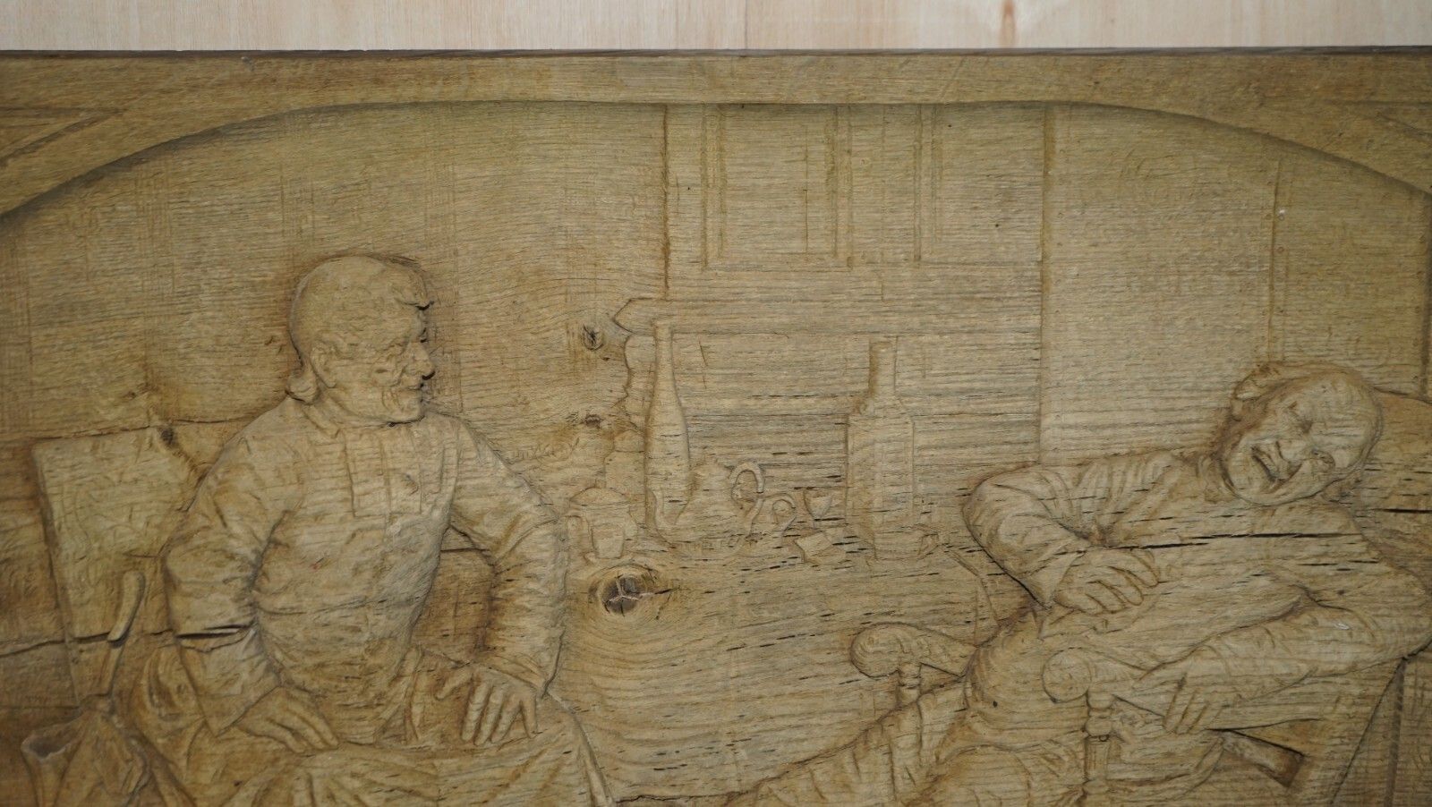 Very Large Antique 18th Century Stripped Oak Hand Carved Panel Of Drunk Freinds photo buy