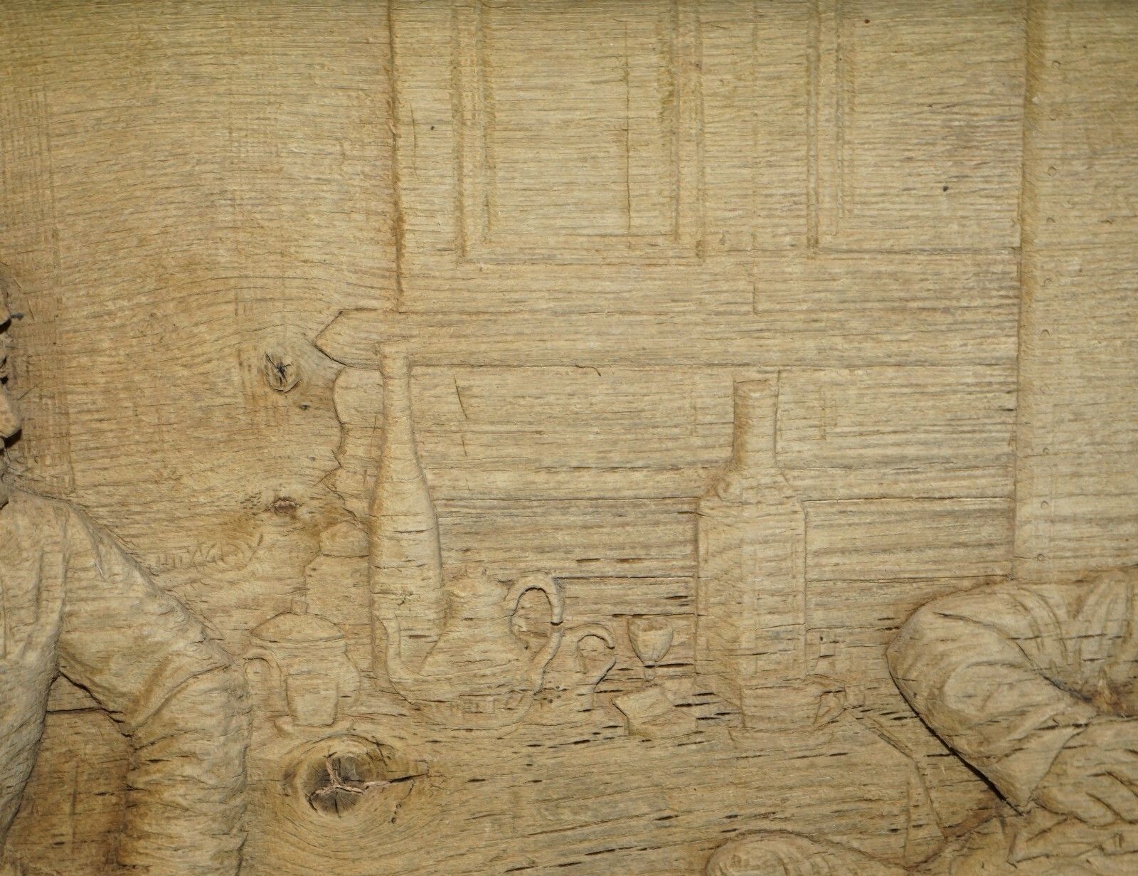 Very Large Antique 18th Century Stripped Oak Hand Carved Panel Of Drunk Freinds photo vintage