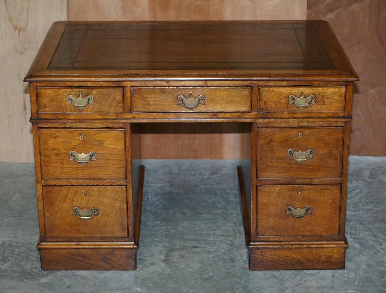 Stunning Restored Circa 1800 Georgian Oak & Brown Leather Partners Pedestal Desk photo furniture