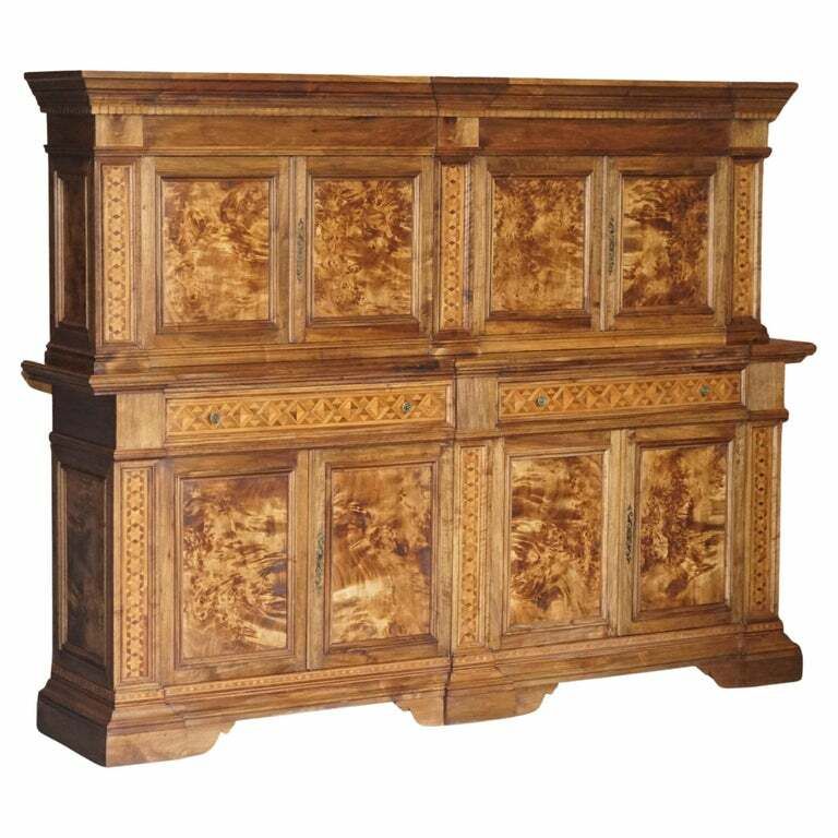 Italian Burr Pippy Oak Panelled Large Geometric Marquetry Housekeepers Cupboard