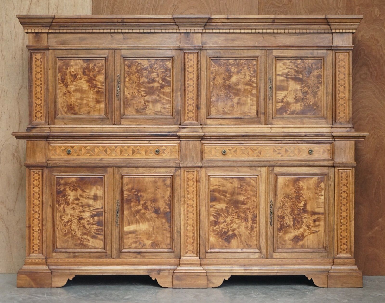 Italian Burr Pippy Oak Panelled Large Geometric Marquetry Housekeepers Cupboard photo furniture