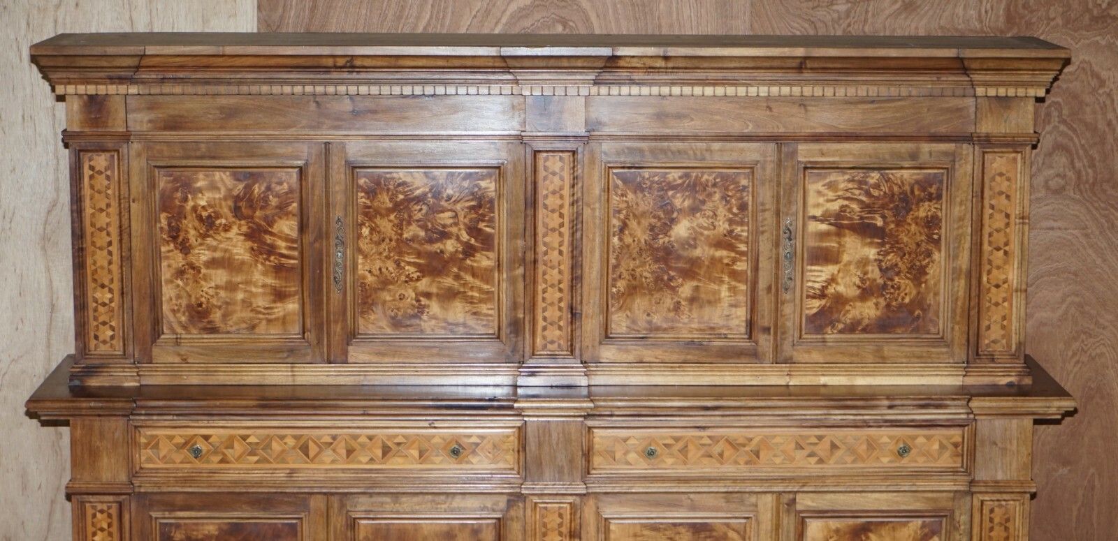 Italian Burr Pippy Oak Panelled Large Geometric Marquetry Housekeepers Cupboard photo for sale
