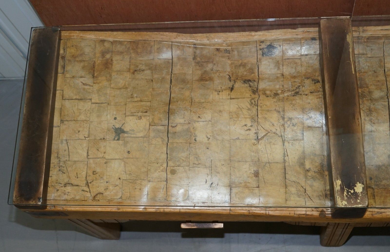 Restored Circa 1920's Hennes France Butchers Table Bronzed Mounts Glass Top photo vintage