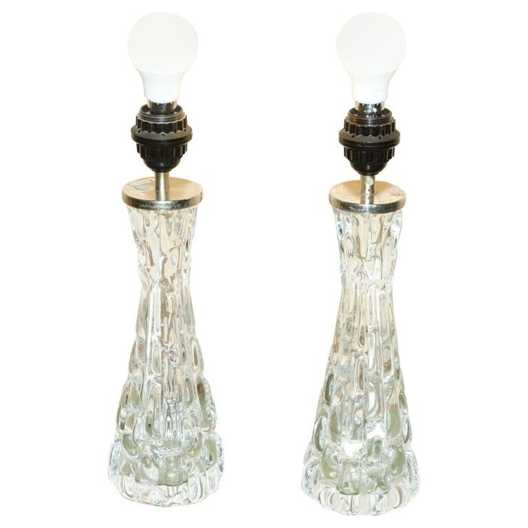 Pair Of Super Rare Collectable Fully Signed Carl Fagerlund Orrefors Table Lamps