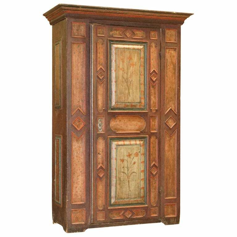 Circa 1800 Sumlime Hand Painted European Wardrobe Or Hall Cupboard In Oak Wood