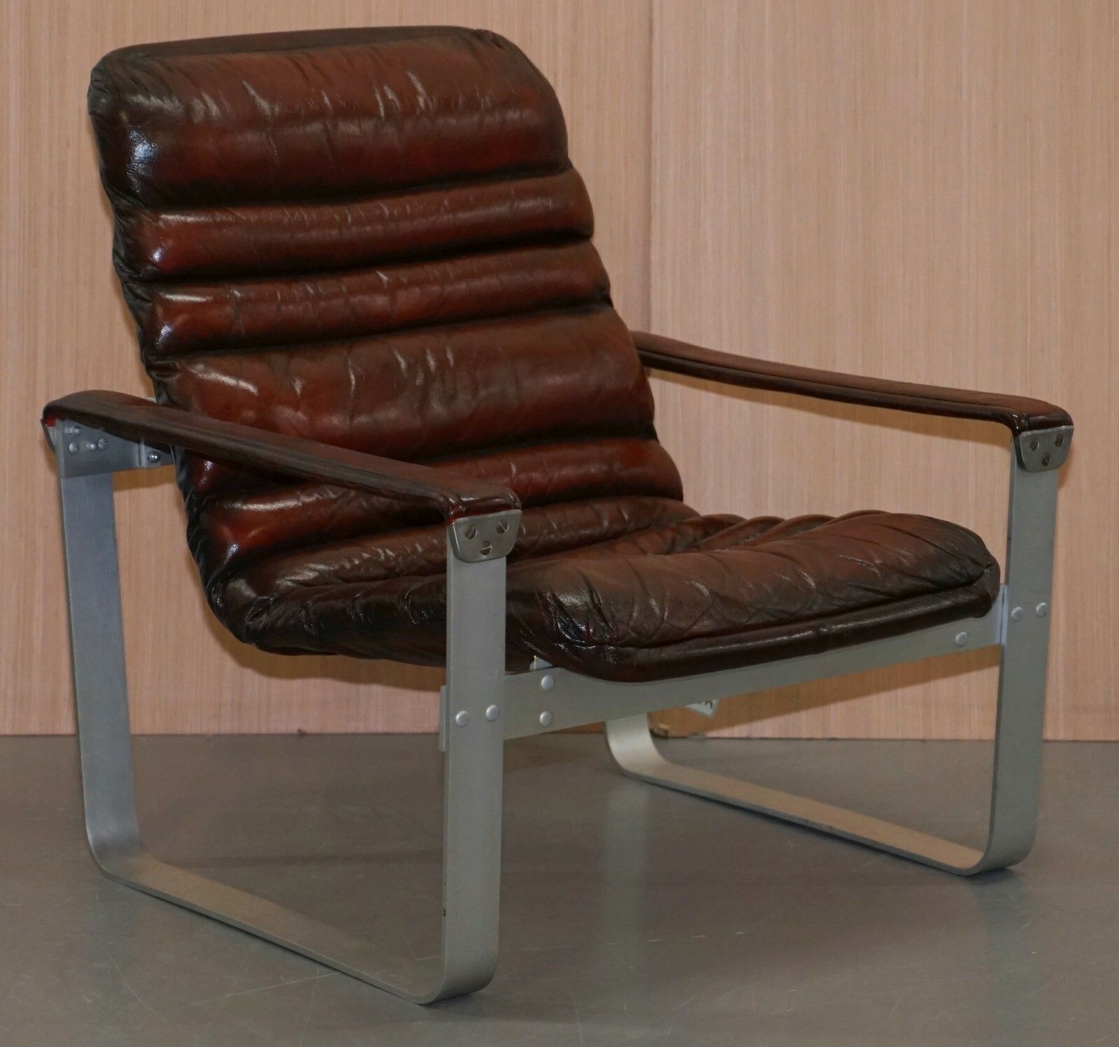 Rare 1960's Pulkka Ilmari Lappalainen Chrome & Brown Leather Armchair Sofa Suite photo for sale