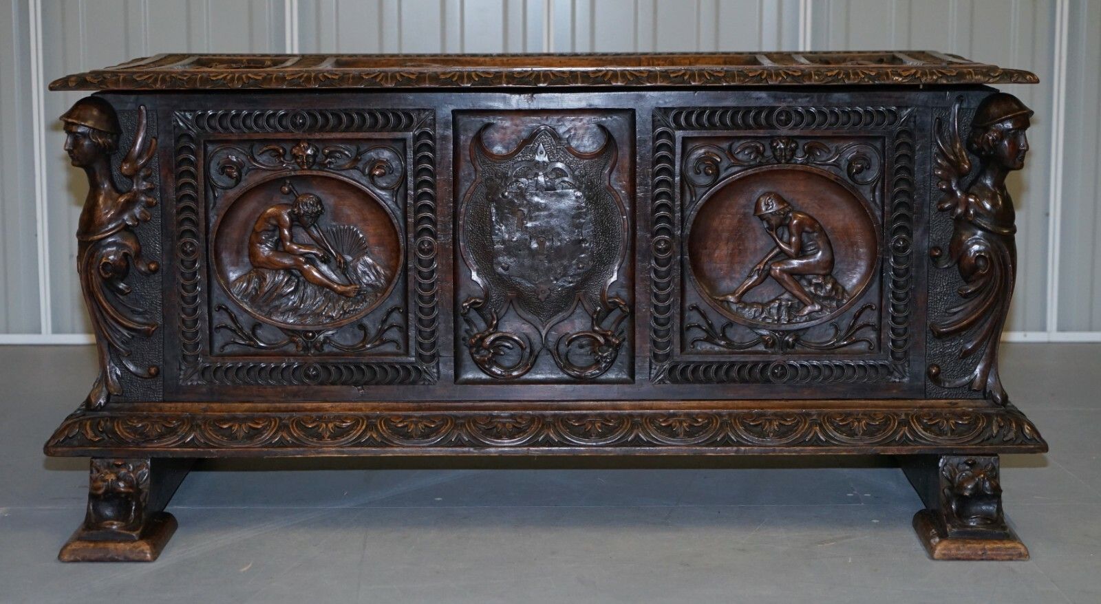 Sublime Roman Chariot Ornately Hand Carved Antique Walnut Trunk Chest Or Coffer photo for sale