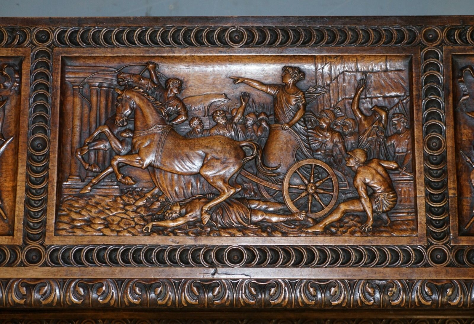 Sublime Roman Chariot Ornately Hand Carved Antique Walnut Trunk Chest Or Coffer photo 4000.0