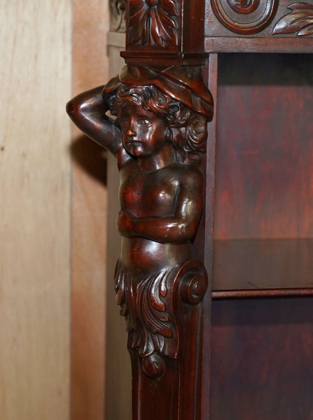 Lovely Circa 1900 Hand Carved Library Bookcase In Mahogany With Herm Statues photo for sale