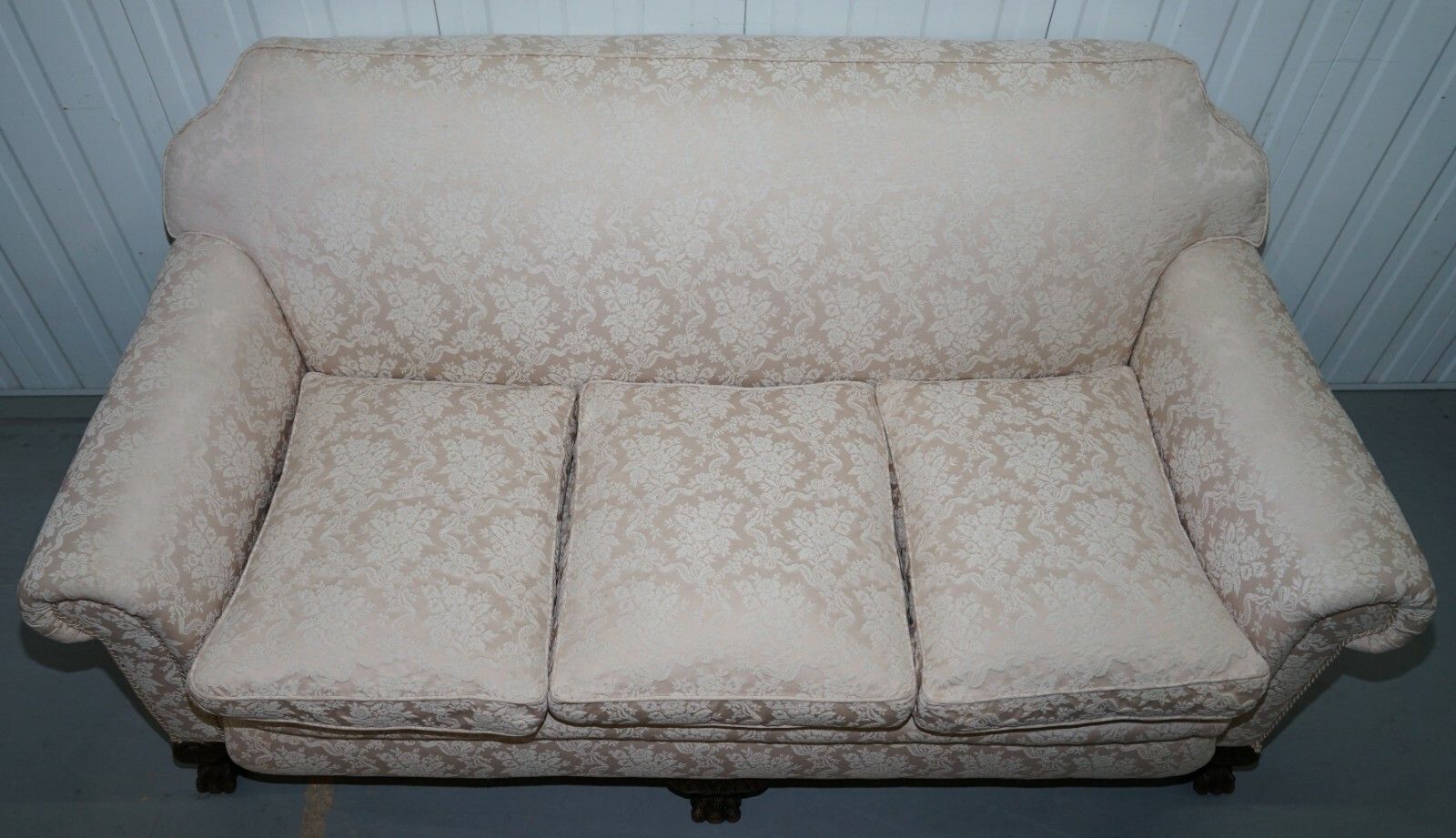 Rare Victorian Damask Upholstery Walnut Carved Lion Paw Feet Sofa Armchair Suite photo Furniture