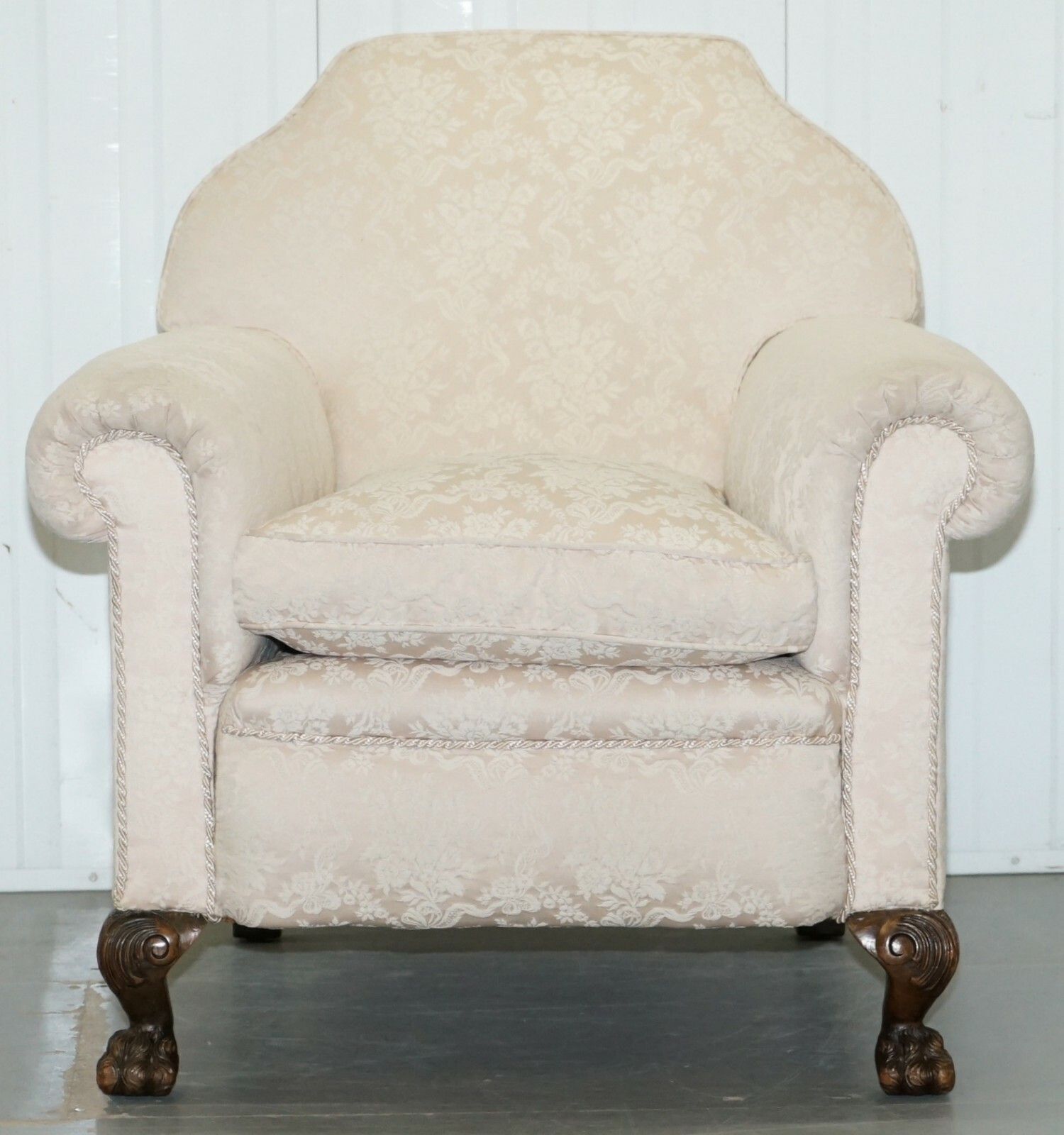photo for sale Rare Victorian Damask Upholstery Walnut Carved Lion Paw Feet Sofa Armchair Suite