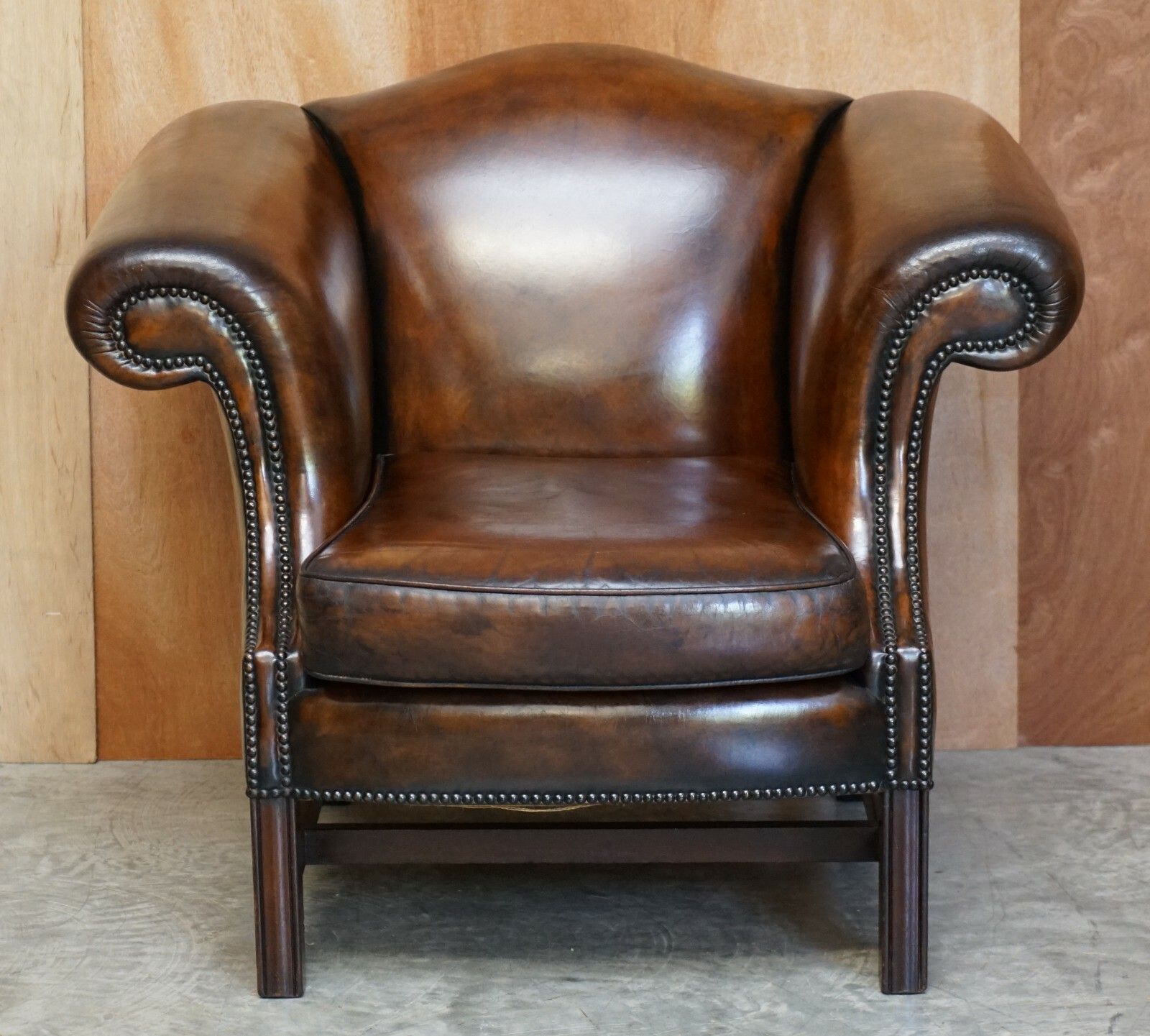 Part Of Large Suite This Lovely Pair Of Hand Dyed Brown Leather Club Armchairs photo for sale