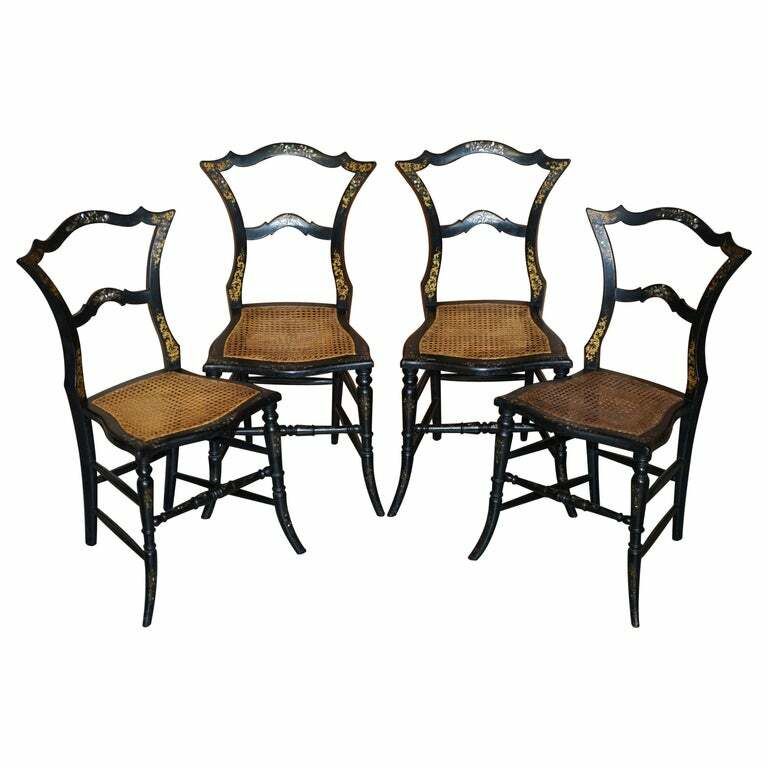 Four Antique Regency Bergere Mother Of Pearl Ebonised Side Occasional Chairs
