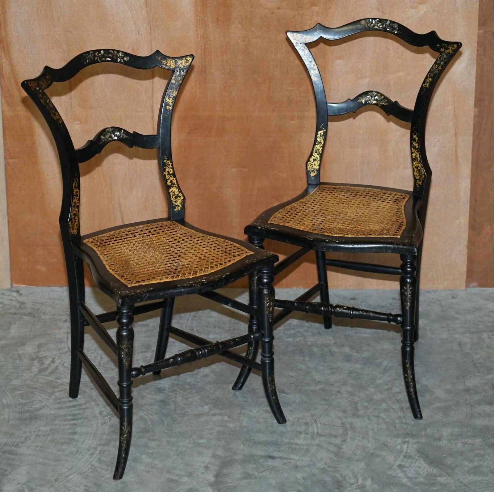 Four Antique Regency Bergere Mother Of Pearl Ebonised Side Occasional Chairs photo furniture