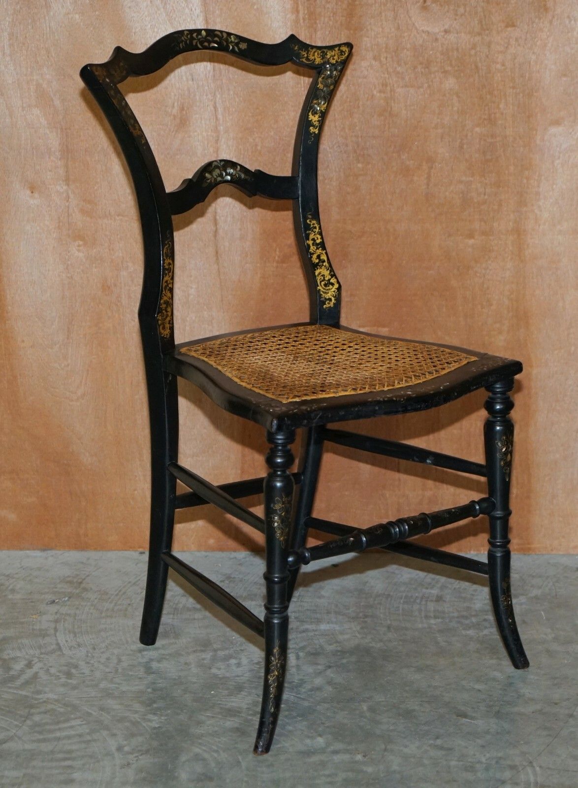 Four Antique Regency Bergere Mother Of Pearl Ebonised Side Occasional Chairs photo for sale