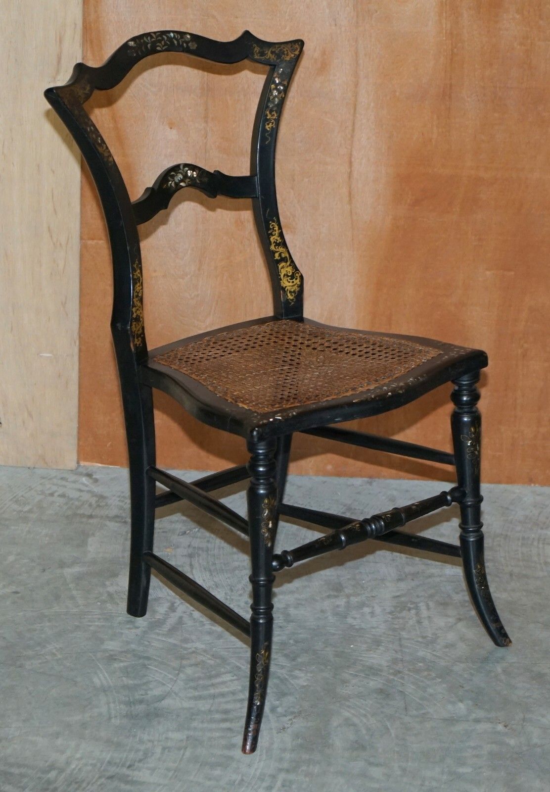 Furniture Four Antique Regency Bergere Mother Of Pearl Ebonised Side Occasional Chairs photo
