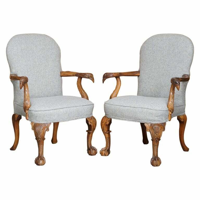 Pair Of Fully Restored Vintage Eagle Armed Claw & Ball Feet Throne Armchairs