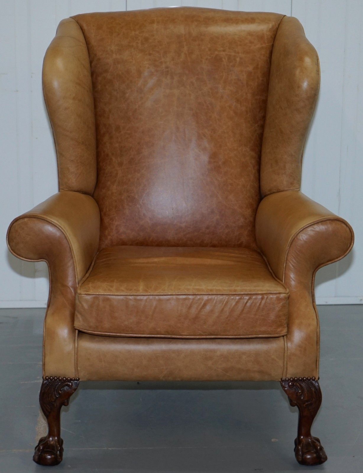 Pair Of Victorian Walnut Claw & Ball Feet Aged Heritage Brown Leather Armchairs photo vintage