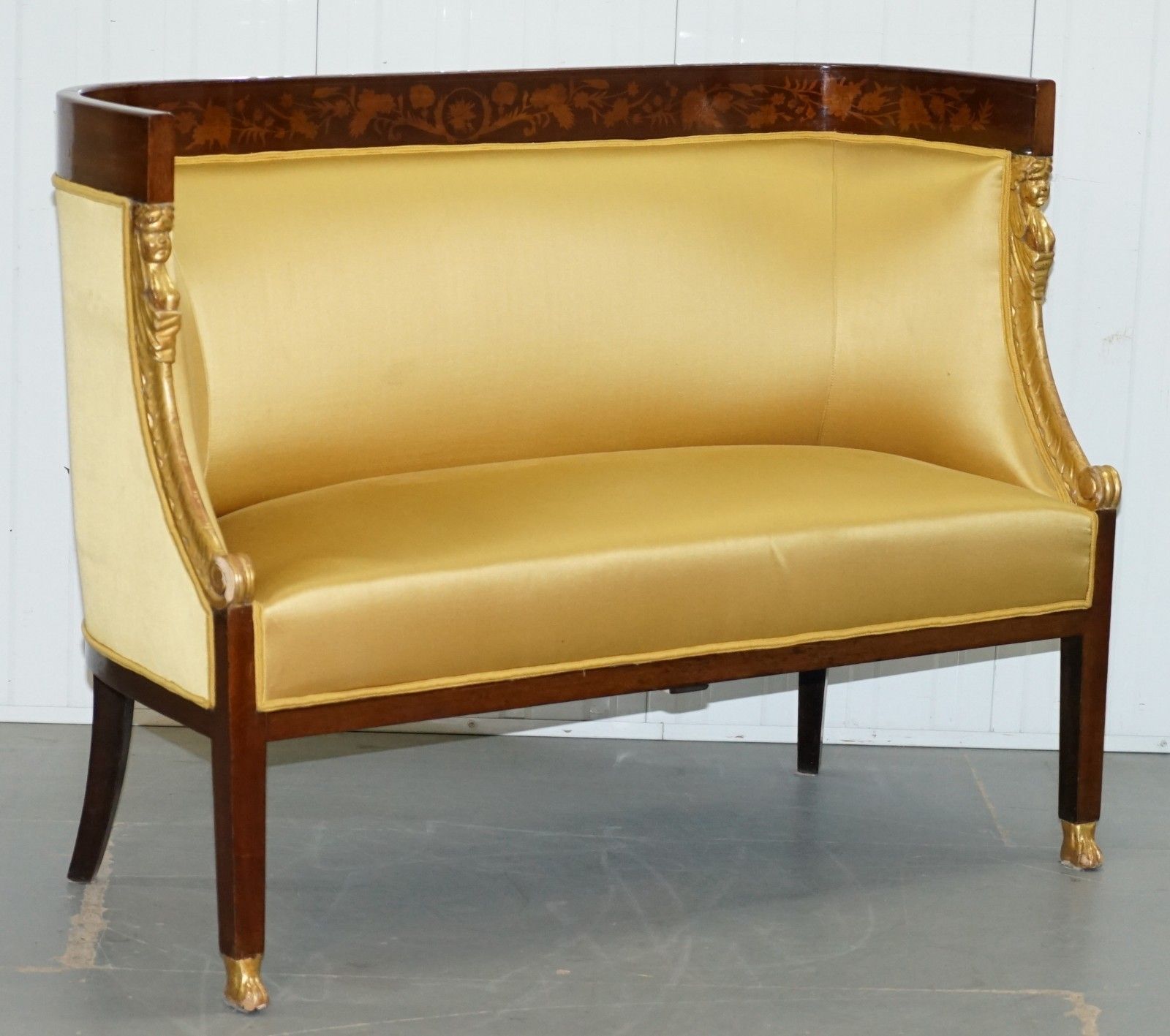 photo furniture 1870 French Empire Marquetry Inlaid Suite Pair Bergere Armchairs & Settee Canape