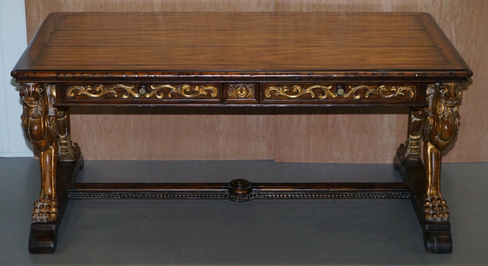 photo furniture After Rj Horner Gold Giltwood Griffon Mahogany Double Sided Desk Writing Table