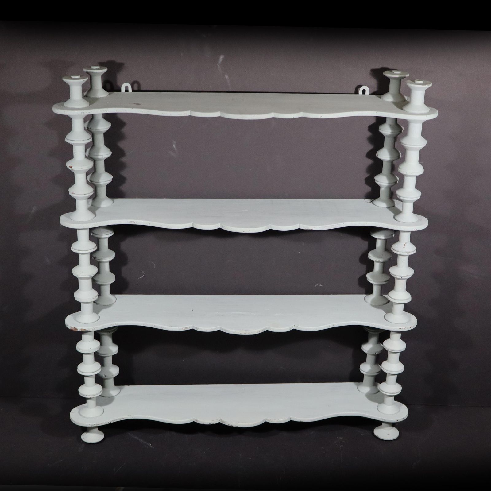 French Antique Folk Art Spindle Wall Shelf Wooden Bobbin Wall Shelving Unit Light Blue photo furniture
