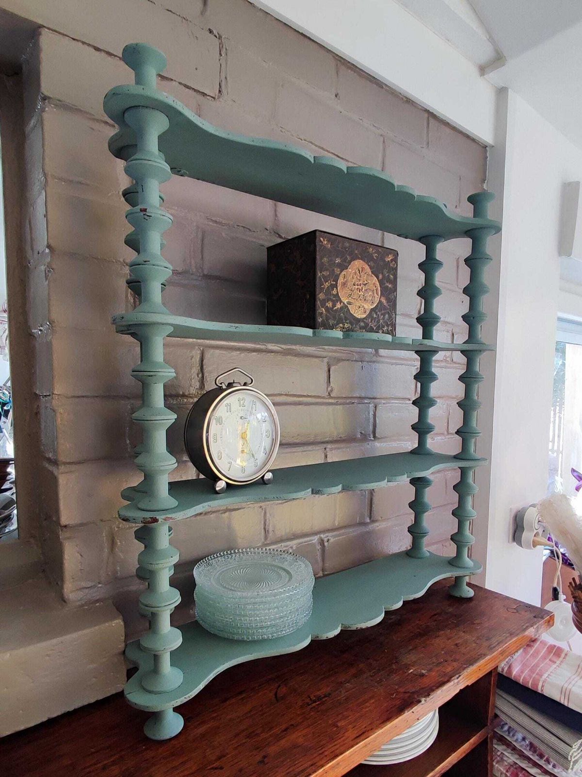 French Antique Folk Art Spindle Wall Shelf Wooden Bobbin Wall Shelving Unit Light Blue photo for sale