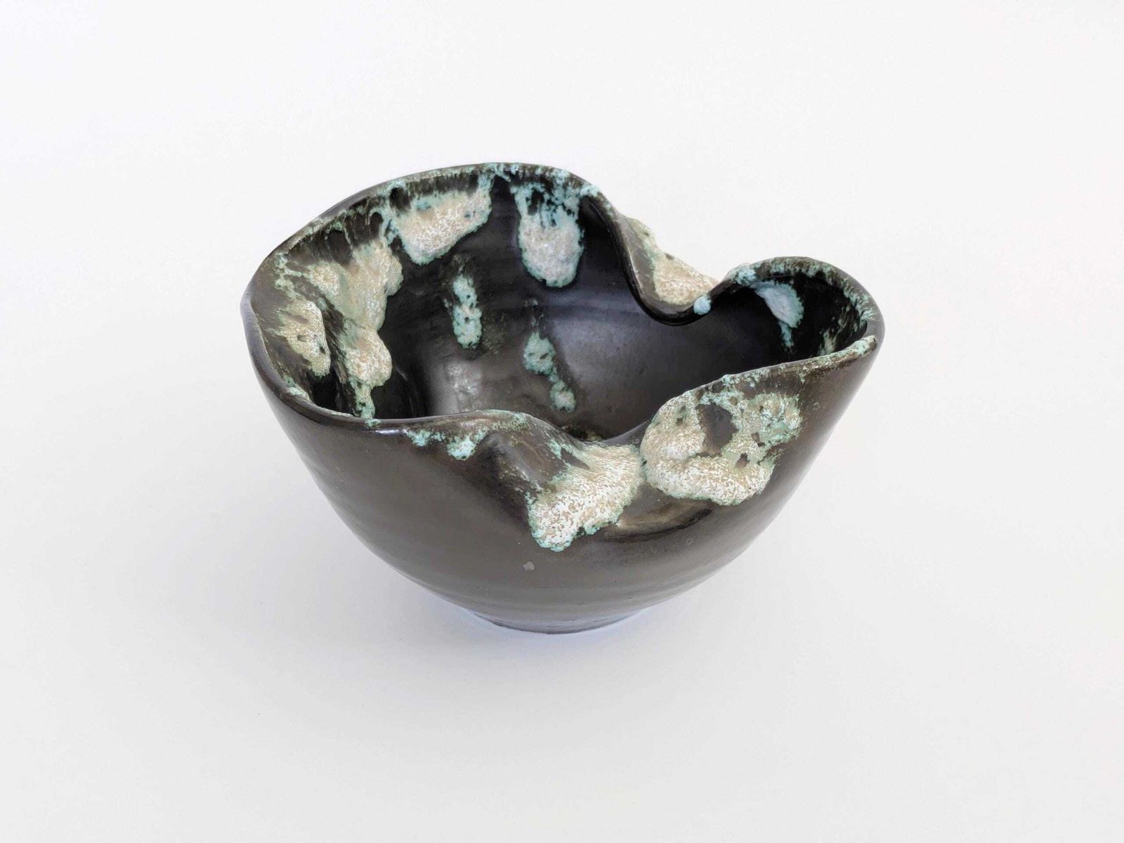 Vintage Vallauris Style Bowl, French Midcentury Pottery, Fat Lava Glaze, Anthracite And Seafoam Green
