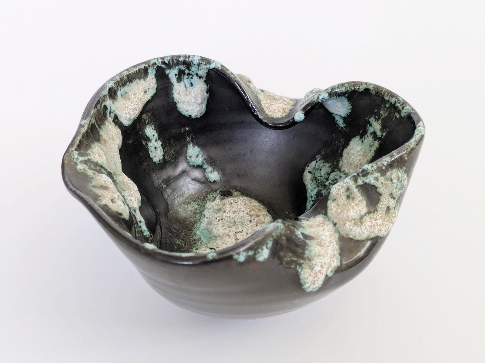 Vintage Vallauris Style Bowl, French Midcentury Pottery, Fat Lava Glaze, Anthracite And Seafoam Green photo 89.0