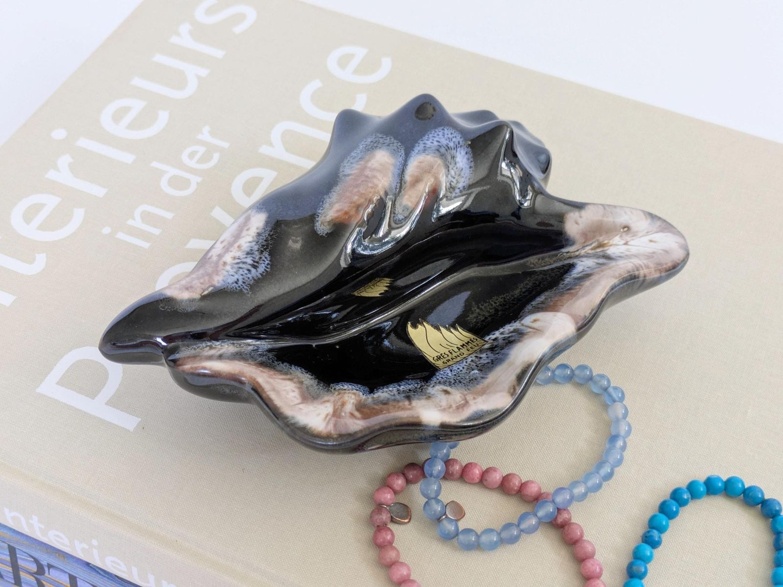 1960s Vallauris Style Seashell Dish, French Pottery, Fat Lava Glaze, Black And Blue photo for sale