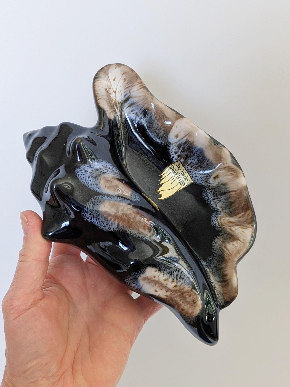 photo furniture 1960s Vallauris Style Seashell Dish, French Pottery, Fat Lava Glaze, Black And Blue