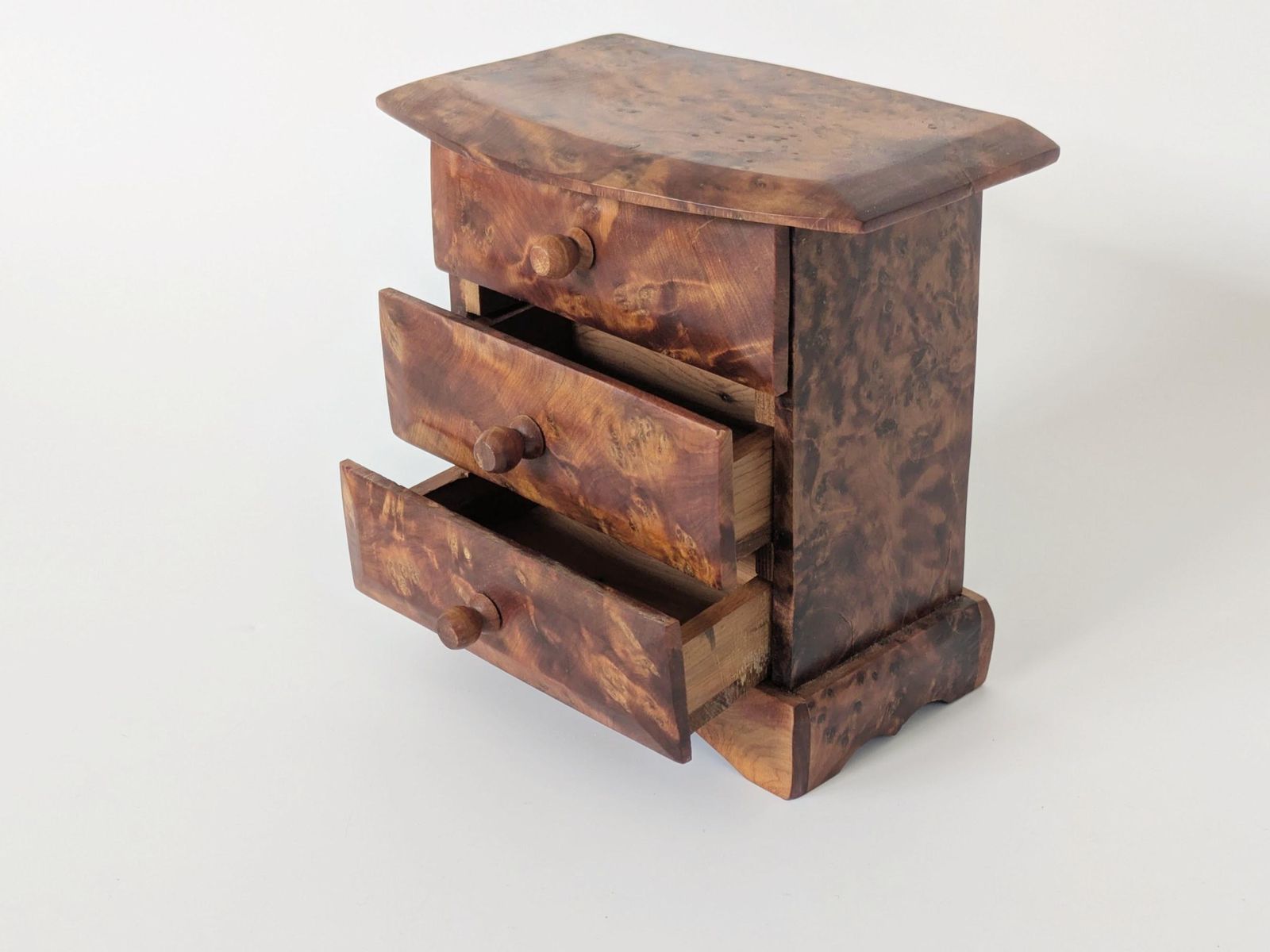 Midcentury Burl Wood Jewelry Box, Handmade Mini Chest Of Drawers, Amber Tone Wooden Trinket Box, 1960s photo for sale