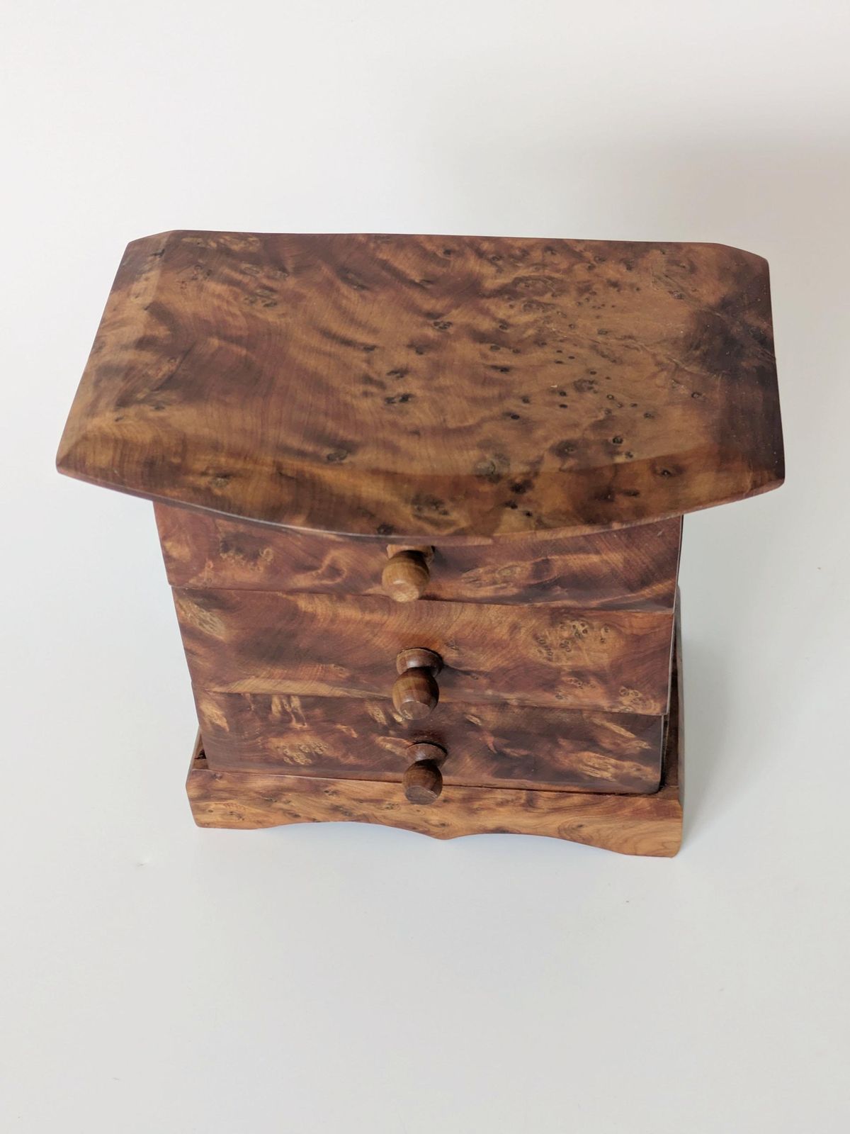Midcentury Burl Wood Jewelry Box, Handmade Mini Chest Of Drawers, Amber Tone Wooden Trinket Box, 1960s photo buy