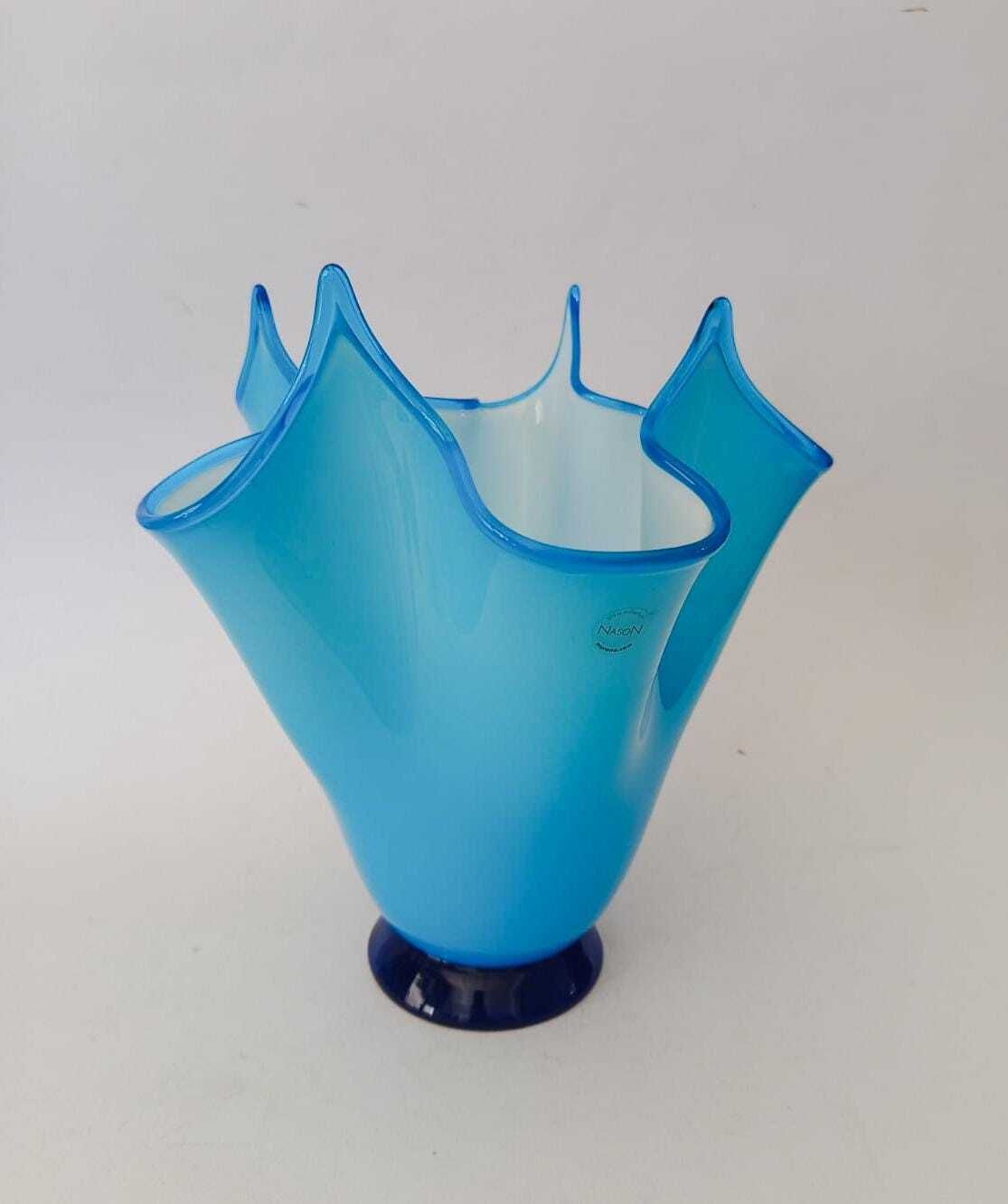Vintage Murano Glass Handkerchief Vase Designed By Nason, Turquoise And Blue