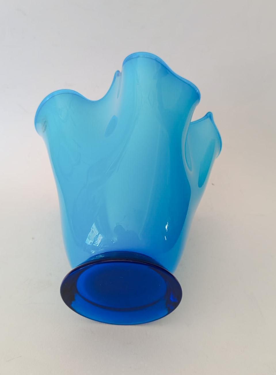 Vintage Murano Glass Handkerchief Vase Designed By Nason, Turquoise And Blue photo vintage